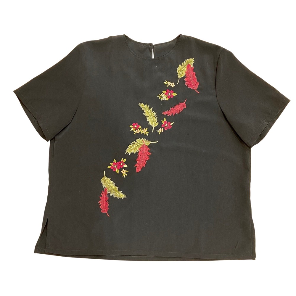 BonWorth Petite Black Feather Floral Embroidered Short Sleeve Top M
